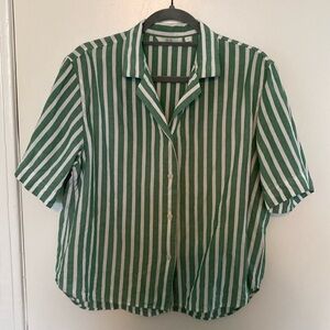 Uniqlo linen green and white striped shirt sleeve blouse